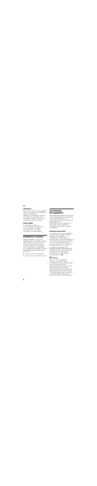 Ventilation, Cavity depth, Installation location | 3 cm to electric or gas cookers, 30 cm to an oil or coal-fired cooker, Connecting the appliance, Electrical connection | Neff KI6863F30G User Manual | Page 6 / 26