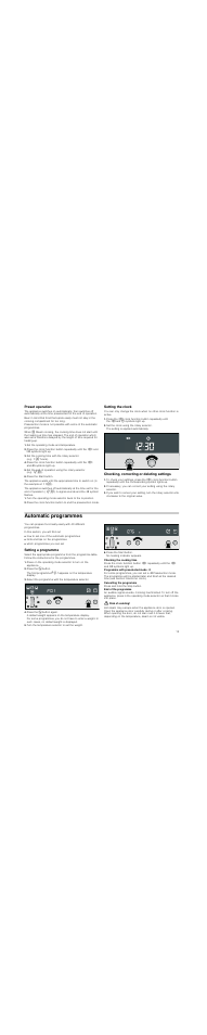 Preset operation, Set the operating mode and temperature, Press the start button | Setting the clock, Set the clock using the rotary selector, Checking, correcting or deleting settings, Automatic programmes, Setting a programme, Press the n button, Select the programme with the temperature selector | Neff C47C22N3GB User Manual | Page 13 / 36