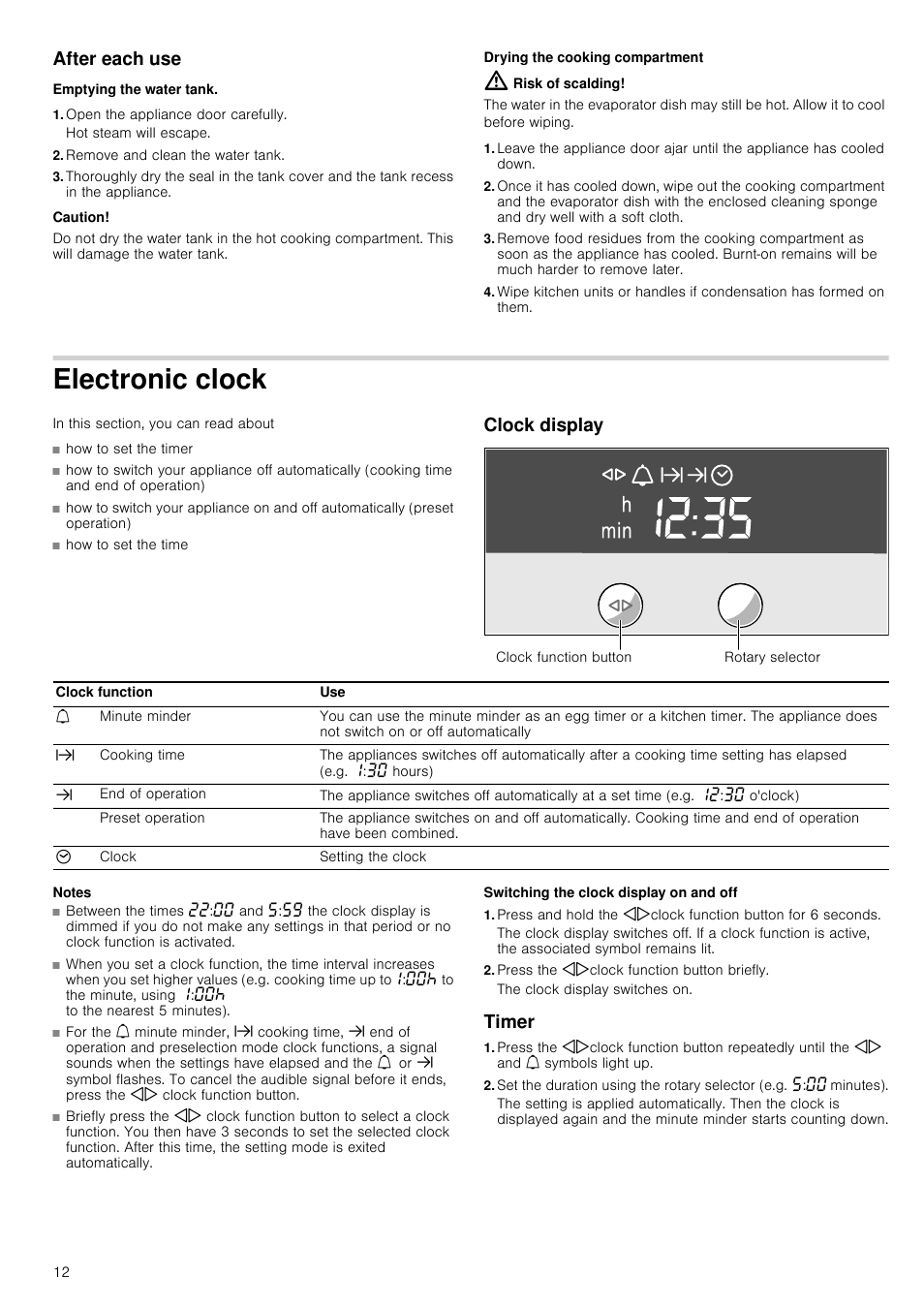 After each use, Emptying the water tank, Open the appliance door carefully | Remove and clean the water tank, Caution, Drying the cooking compartment, Risk of scalding, Electronic clock, Clock display, Notes | Neff C47C62N3GB User Manual | Page 12 / 40