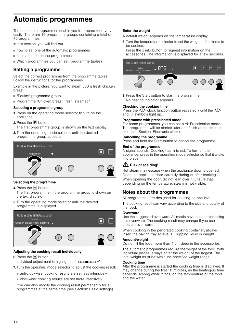 Automatic programmes, Hints and tips on the programmes, Setting a programme | Poultry" programme group, Press the x button, Press the ì button, Press the start button to start the programme, Risk of scalding, Notes about the programmes | Neff C47C62N3GB User Manual | Page 14 / 40