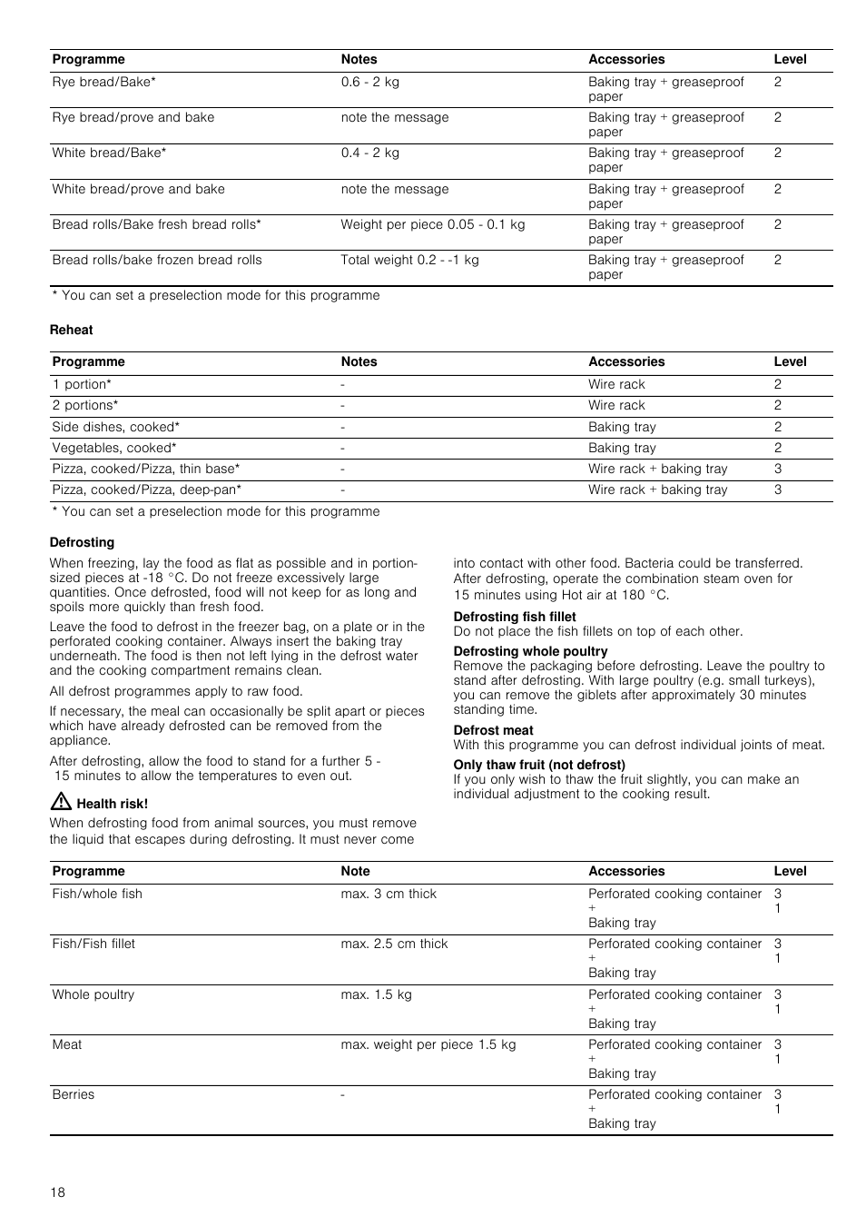 Reheat, Defrosting, Health risk | Neff C47C62N3GB User Manual | Page 18 / 40