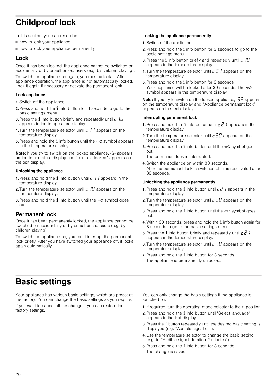 Childproof lock, How to lock your appliance, Lock | Lock appliance, Switch off the appliance, Note, Unlocking the appliance, Permanent lock, Locking the appliance permanently, Press and hold the ± info button for 3 seconds | Neff C47C62N3GB User Manual | Page 20 / 40