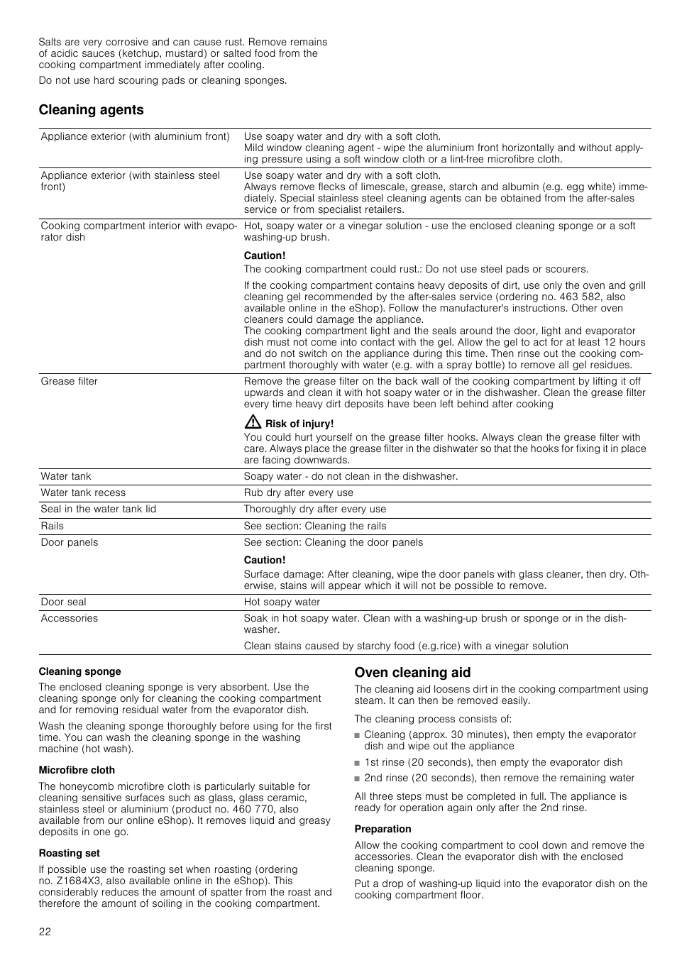 Cleaning agents, The cooking compartment could rust, Risk of injury | Surface damage, Cleaning sponge, Microfibre cloth, Roasting set, Oven cleaning aid, Preparation | Neff C47C62N3GB User Manual | Page 22 / 40