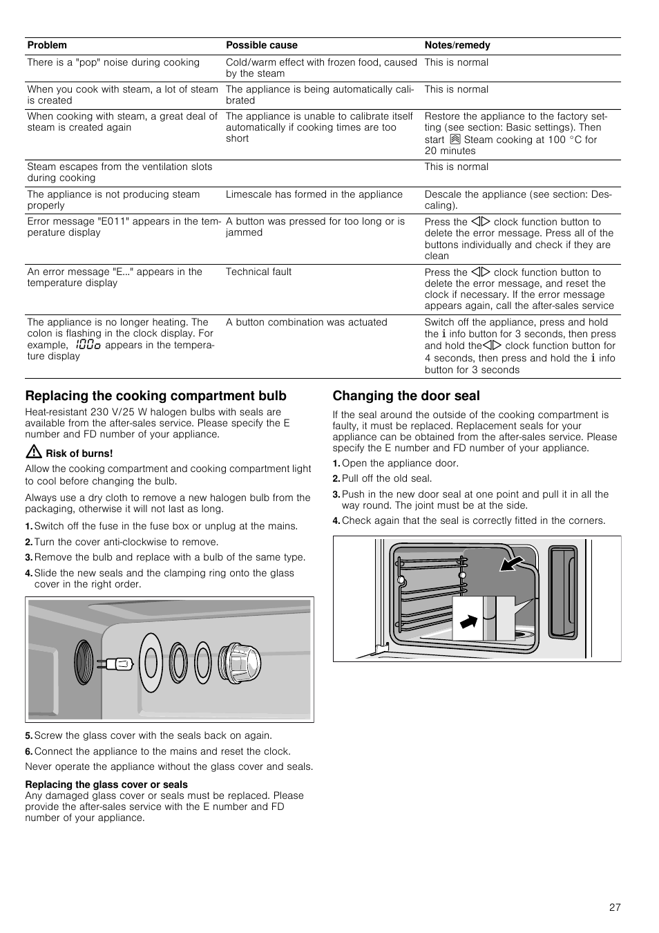 Replacing the cooking compartment bulb, Risk of burns, Turn the cover anti-clockwise to remove | Screw the glass cover with the seals back on again, Changing the door seal, Open the appliance door, Pull off the old seal | Neff C47C62N3GB User Manual | Page 27 / 40