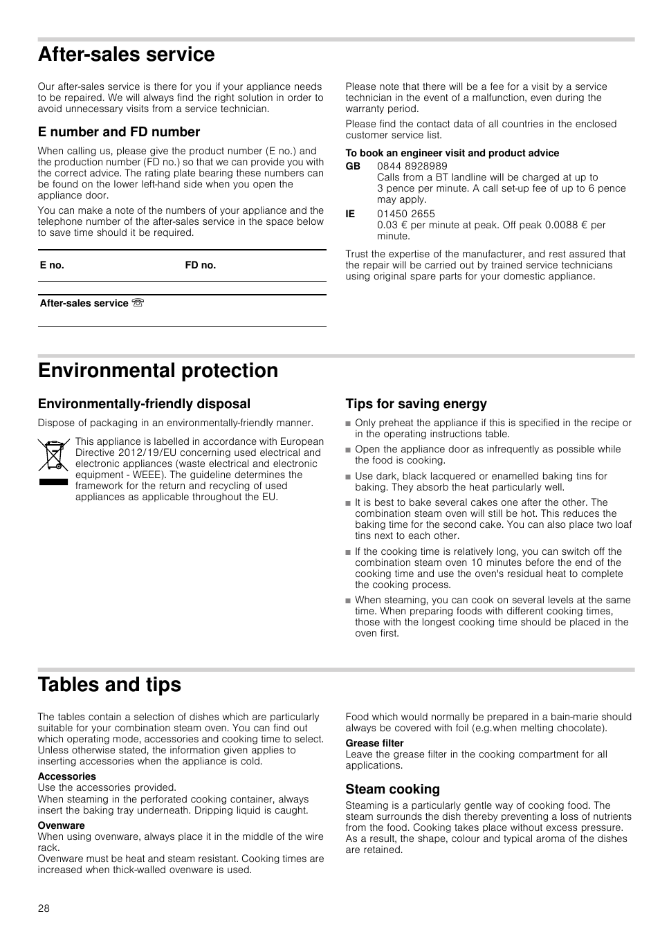 After-sales service, E number and fd number, To book an engineer visit and product advice | Environmental protection, Environmentally-friendly disposal, Tips for saving energy, Tables and tips, Steam cooking | Neff C47C62N3GB User Manual | Page 28 / 40