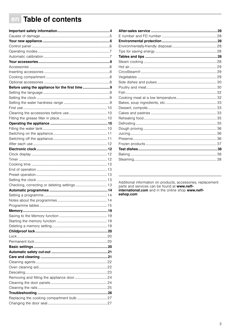 Ú table of contents[en] instruction manual, Your new appliance 6, Your accessories 8 | Before using the appliance for the first time 9, Operating the appliance 10, Electronic clock 12, Automatic programmes 14, Memory 19, Childproof lock 20, Basic settings 20 | Neff C47C62N3GB User Manual | Page 3 / 40