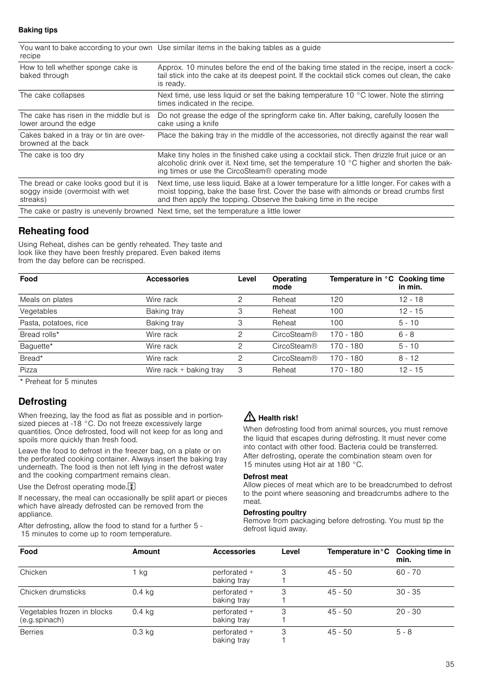 Baking tips, Reheating food, Defrosting | Health risk | Neff C47C62N3GB User Manual | Page 35 / 40