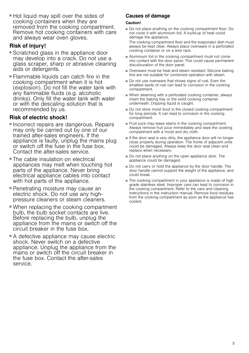 Risk of injury, Risk of injury and risk of fire, Risk of electric shock | Causes of damage, Caution | Neff C47C62N3GB User Manual | Page 5 / 40