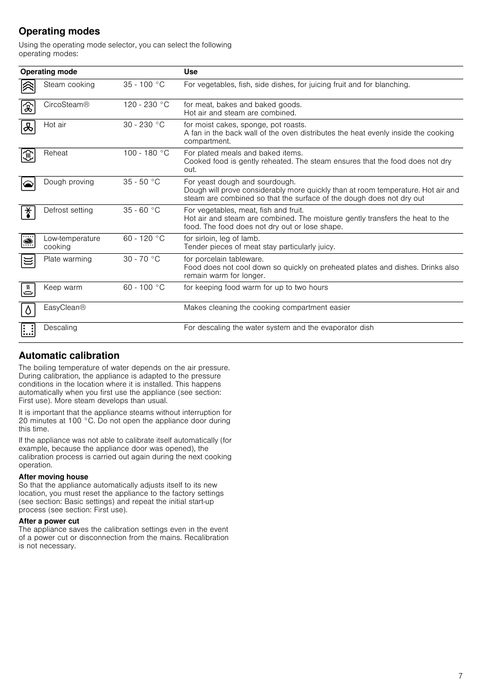 Operating modes, Automatic calibration | Neff C47C62N3GB User Manual | Page 7 / 40