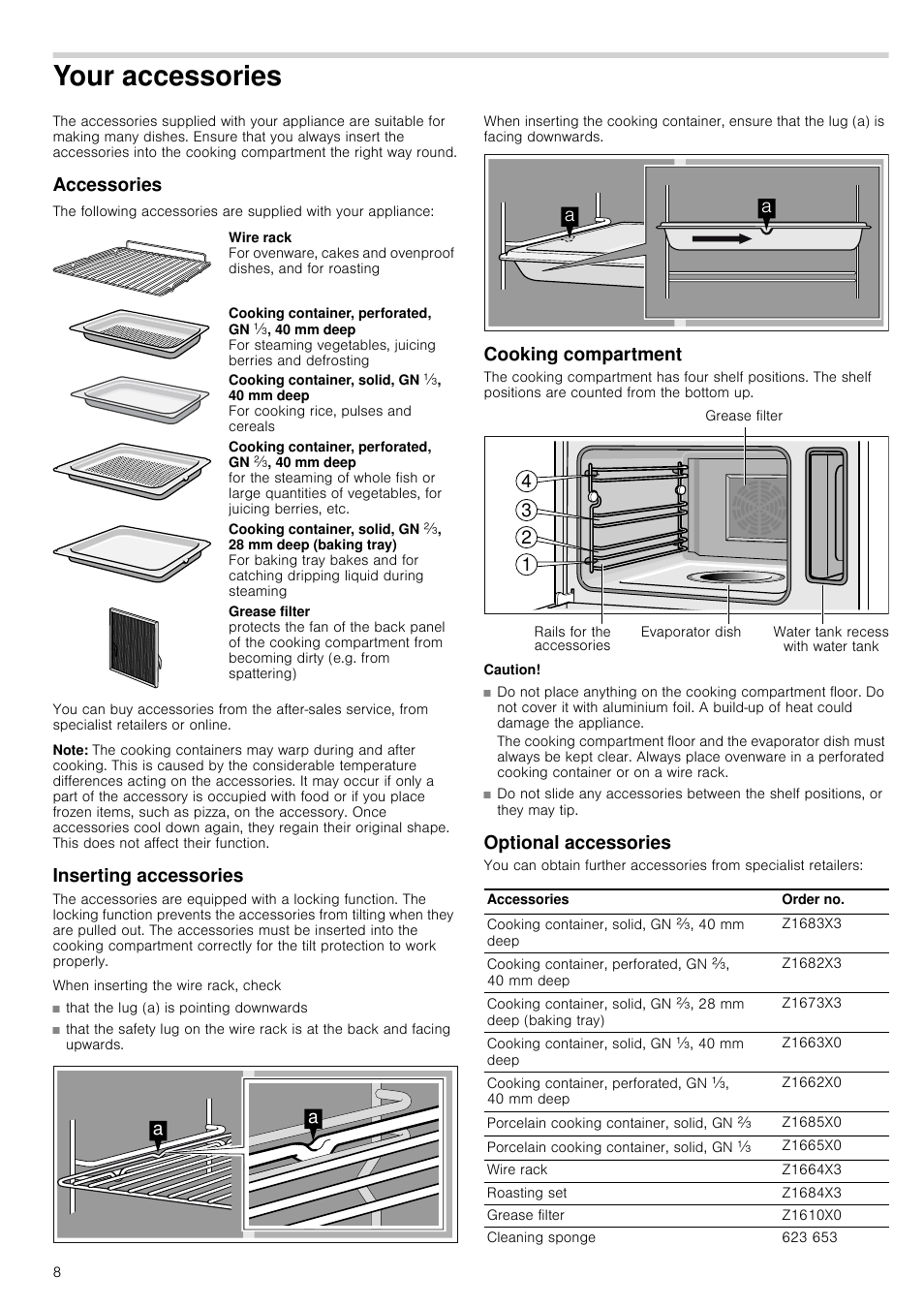 Your accessories, Accessories, Note | Inserting accessories, That the lug (a) is pointing downwards, Cooking compartment, Caution, Optional accessories | Neff C47C62N3GB User Manual | Page 8 / 40