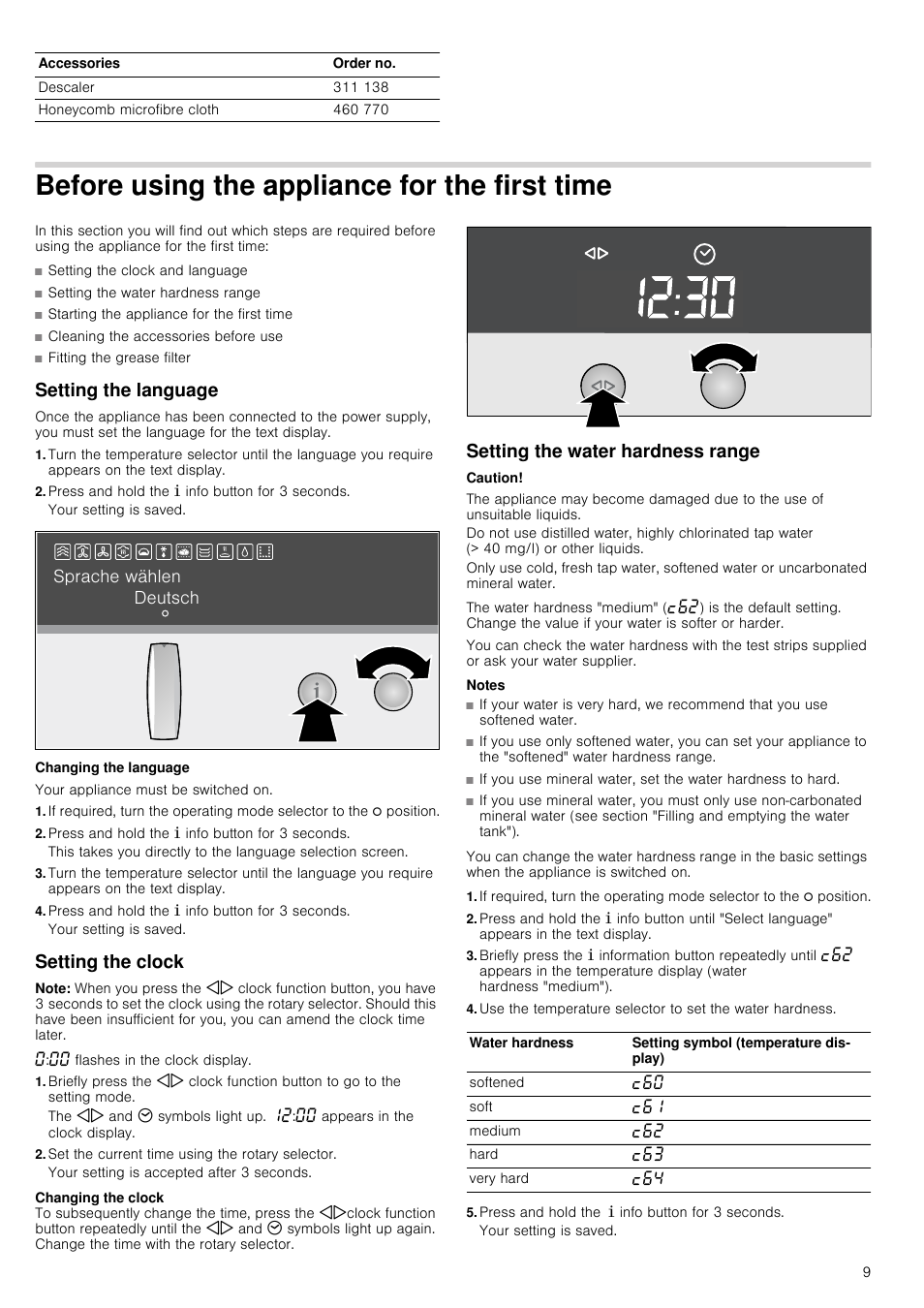 Before using the appliance for the first time, Setting the water hardness range, Starting the appliance for the first time | Cleaning the accessories before use, Setting the language, Press and hold the ± info button for 3 seconds, Changing the language, Setting the clock, Note, Set the current time using the rotary selector | Neff C47C62N3GB User Manual | Page 9 / 40