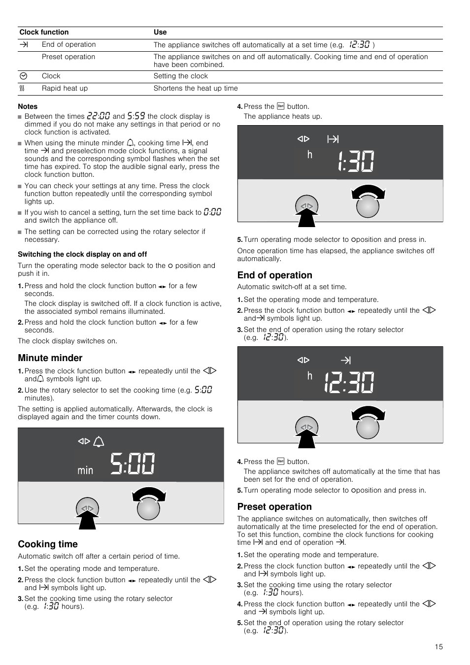 Switching the clock display on and off, Minute minder, Cooking time | Set the operating mode and temperature, Press the ƒ button, The appliance heats up, End of operation, Preset operation | Neff C67P70N3GB User Manual | Page 15 / 44