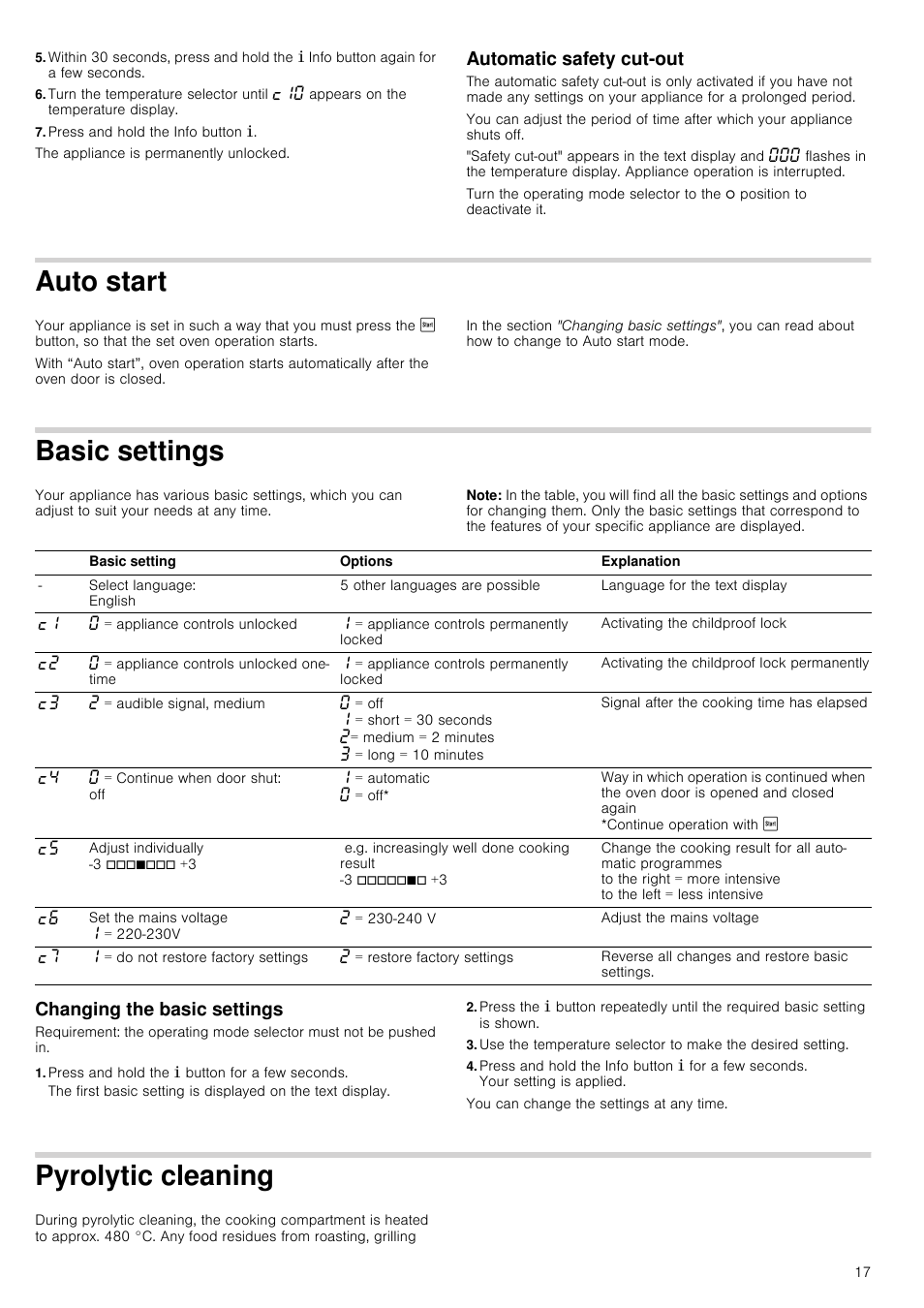 Press and hold the info button, Automatic safety cut-out, Auto start | Basic settings, Note, Changing the basic settings, Press and hold the ± button for a few seconds, Pyrolytic cleaning | Neff C67P70N3GB User Manual | Page 17 / 44