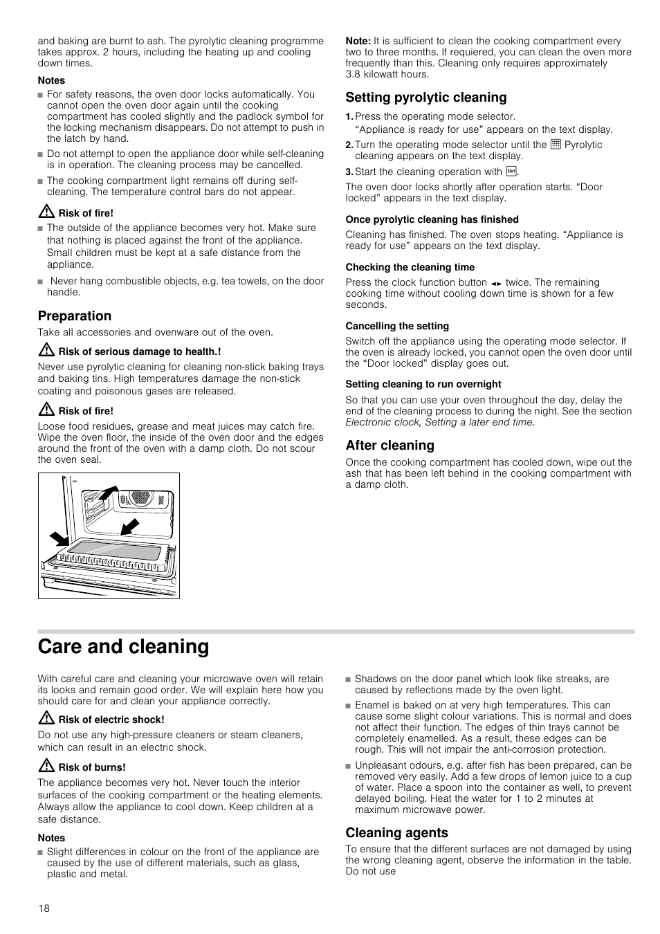 Preparation, Note, Setting pyrolytic cleaning | Press the operating mode selector, Start the cleaning operation with ƒ, Once pyrolytic cleaning has finished, Checking the cleaning time, Cancelling the setting, Setting cleaning to run overnight, After cleaning | Neff C67P70N3GB User Manual | Page 18 / 44