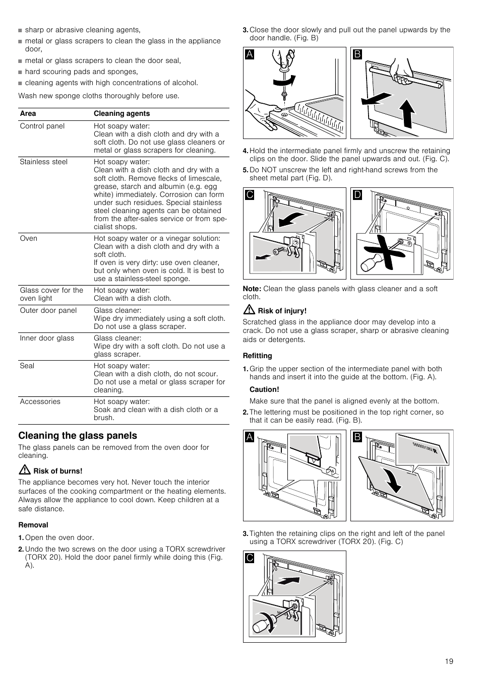 Cleaning the glass panels, Removal, Open the oven door | Note, Refitting, Caution | Neff C67P70N3GB User Manual | Page 19 / 44