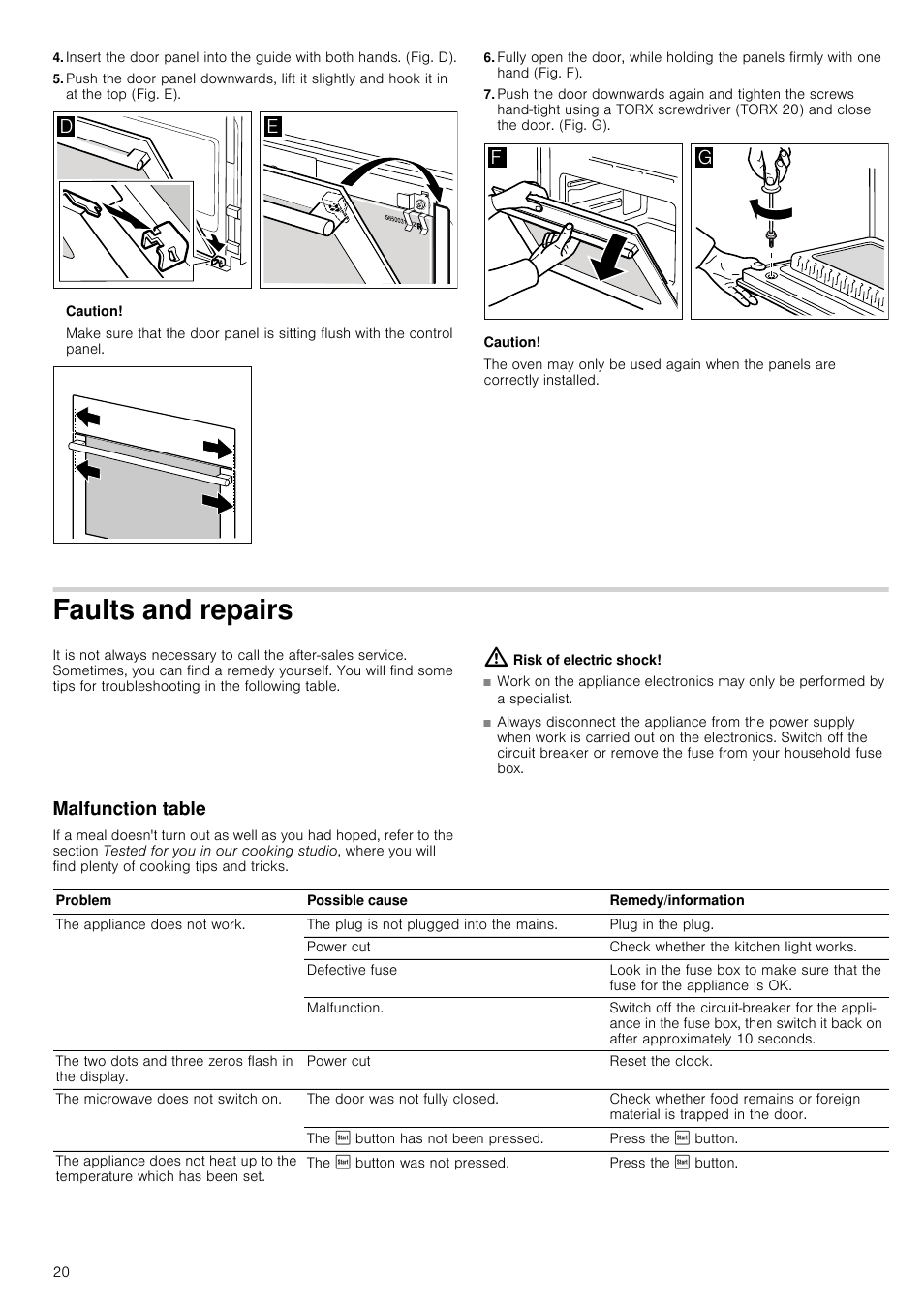 Caution, Faults and repairs, Malfunction table | Neff C67P70N3GB User Manual | Page 20 / 44