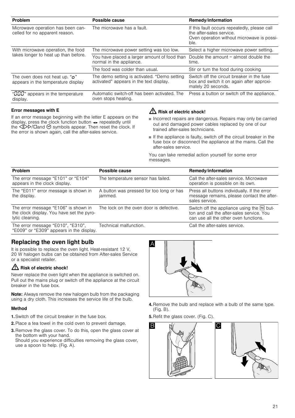 Error messages with e, Replacing the oven light bulb, Note | Method, Switch off the circuit breaker in the fuse box, Refit the glass cover. (fig. c) | Neff C67P70N3GB User Manual | Page 21 / 44