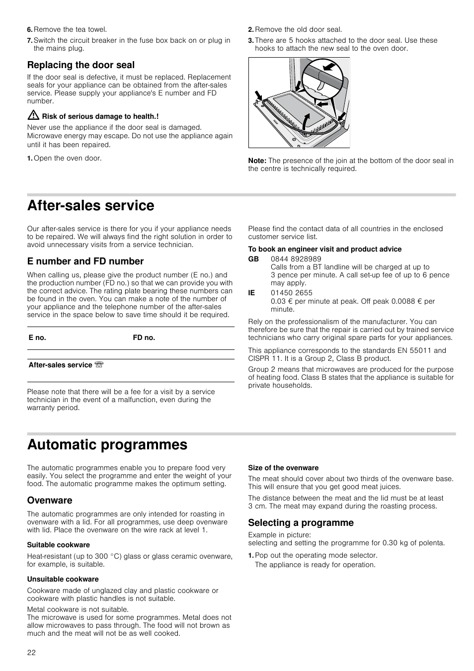 Remove the tea towel, Replacing the door seal, Open the oven door | Remove the old door seal, Note, After-sales service, E number and fd number, To book an engineer visit and product advice, Automatic programmes, Ovenware | Neff C67P70N3GB User Manual | Page 22 / 44