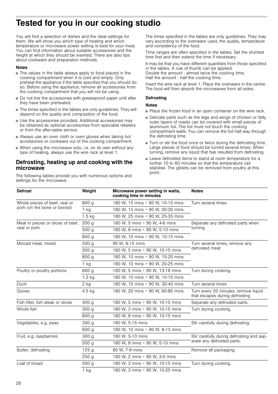 Tested for you in our cooking studio, Defrosting | Neff C67P70N3GB User Manual | Page 28 / 44