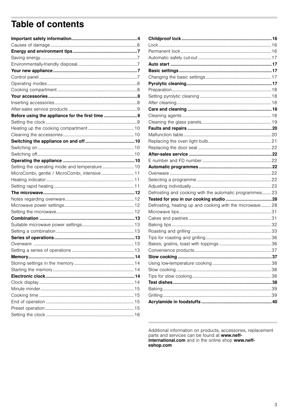 Table of contents[en] instruction manual, Energy and environment tips 7, Your new appliance 7 | Your accessories 8, Before using the appliance for the first time 9, Switching the appliance on and off 10, Operating the appliance 10, The microwave 12, Combination 13, Series of operations 13 | Neff C67P70N3GB User Manual | Page 3 / 44