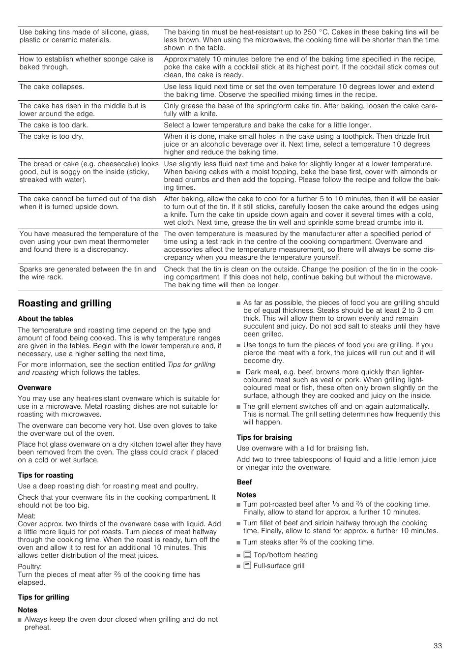 Roasting and grilling, About the tables, Ovenware | Tips for roasting, Tips for grilling, Tips for braising, Beef | Neff C67P70N3GB User Manual | Page 33 / 44