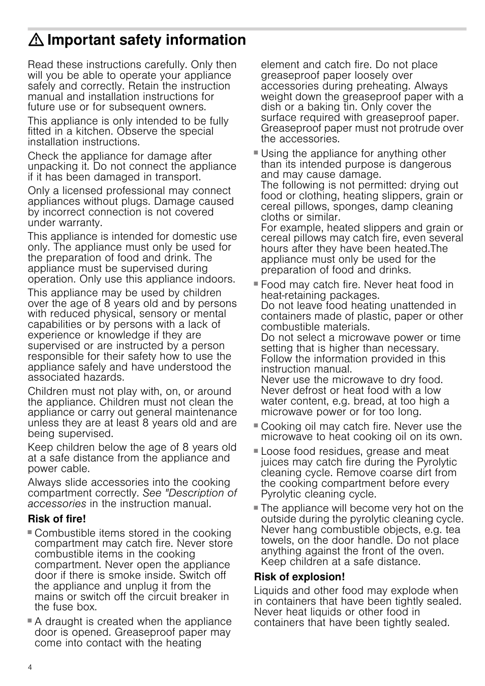 Important safety information, Risk of fire, Risk of explosion | Neff C67P70N3GB User Manual | Page 4 / 44