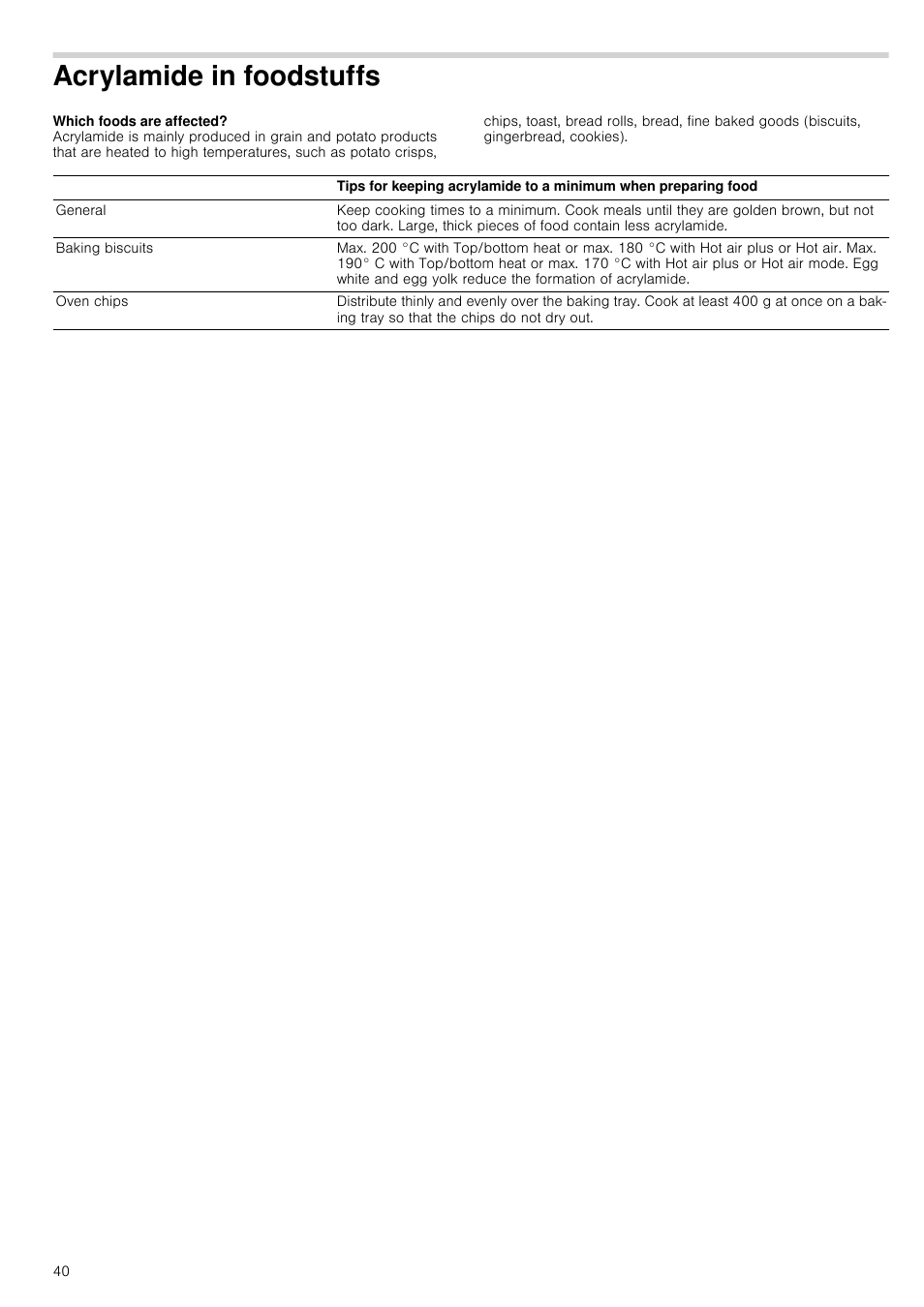 Acrylamide in foodstuffs | Neff C67P70N3GB User Manual | Page 40 / 44