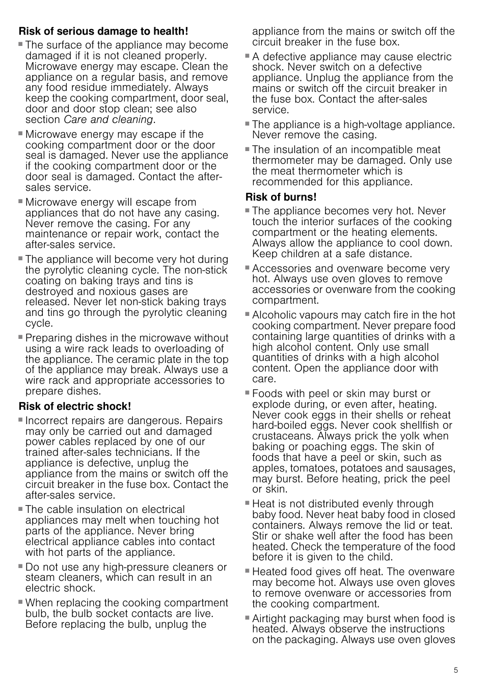 Risk of serious damage to health, Risk of electric shock, Risk of electric shock and serious injury | Risk of burns, Risk of serious burns | Neff C67P70N3GB User Manual | Page 5 / 44