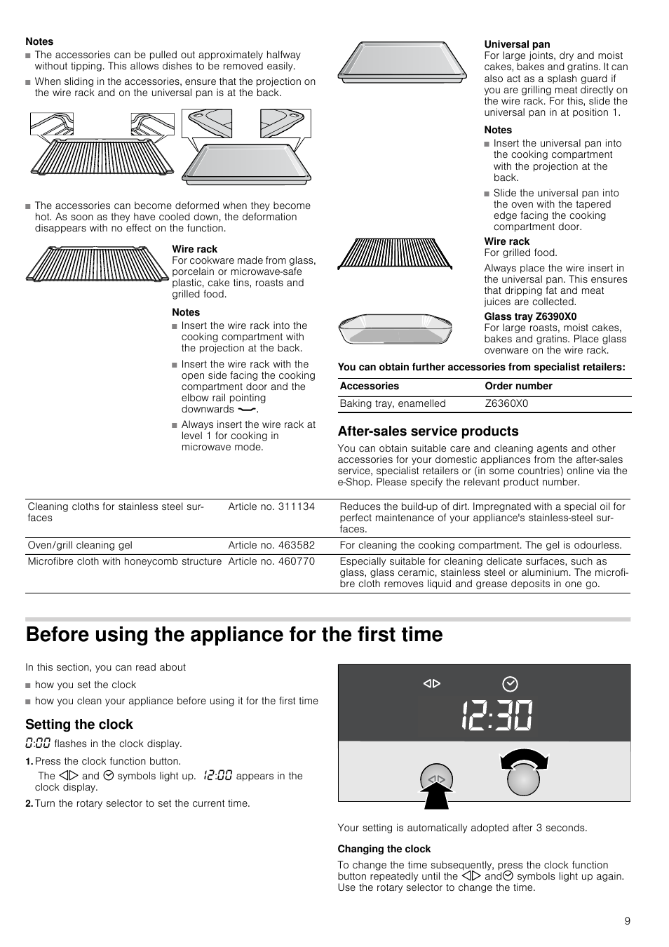 After-sales service products, Before using the appliance for the first time, Setting the clock | Press the clock function button, Turn the rotary selector to set the current time, Changing the clock | Neff C67P70N3GB User Manual | Page 9 / 44