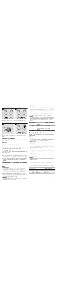 Press the h button, P" and a default weight appear in the display, Press the "start" button | The cooking time has elapsed, Correction, Pausing, Cancelling operation, Notes, Defrosting using the automatic programmes, Cooking with the automatic programmes | Neff H53W50S3GB User Manual | Page 11 / 16