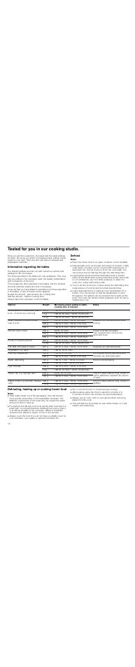 Tested for you in our cooking studio, Information regarding the tables, Defrost | Notes, Defrosting, heating up or cooking frozen food | Neff H53W50S3GB User Manual | Page 12 / 16