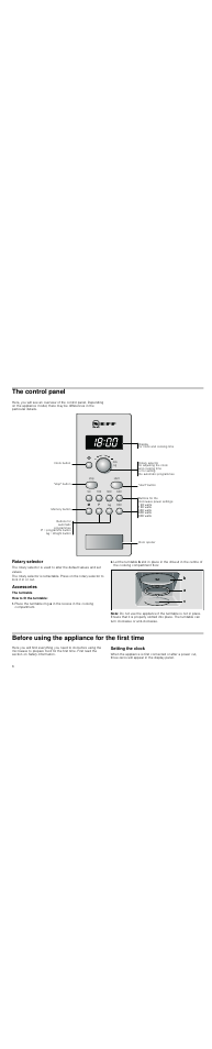 The control panel, Rotary selector, Accessories | How to fit the turntable, Note, Before using the appliance for the first time, Setting the clock, Ed f | Neff H53W50S3GB User Manual | Page 6 / 16