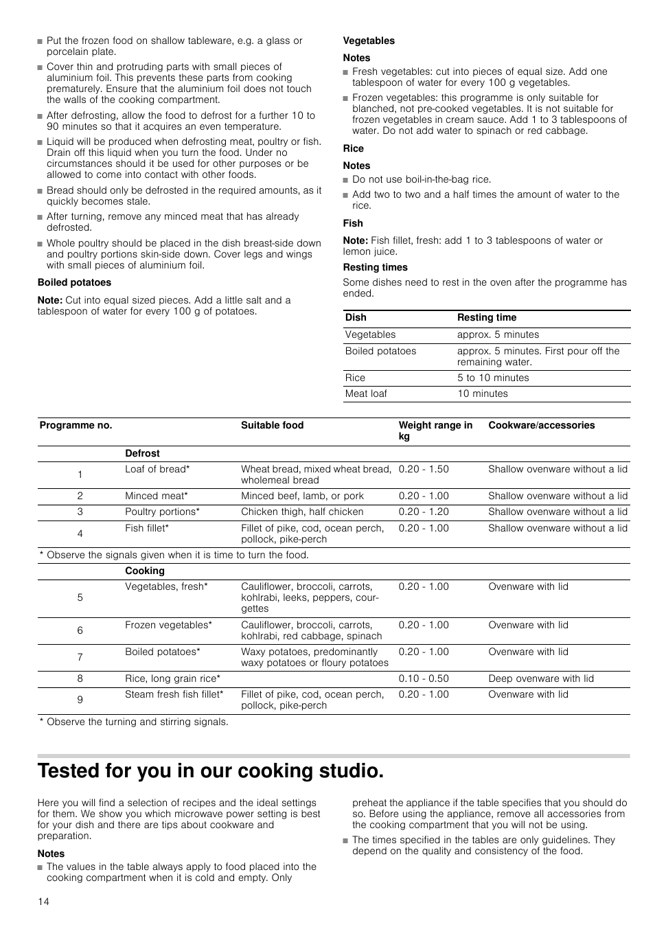Note, Notes, Tested for you in our cooking studio | Neff C57W40N3GB User Manual | Page 14 / 20