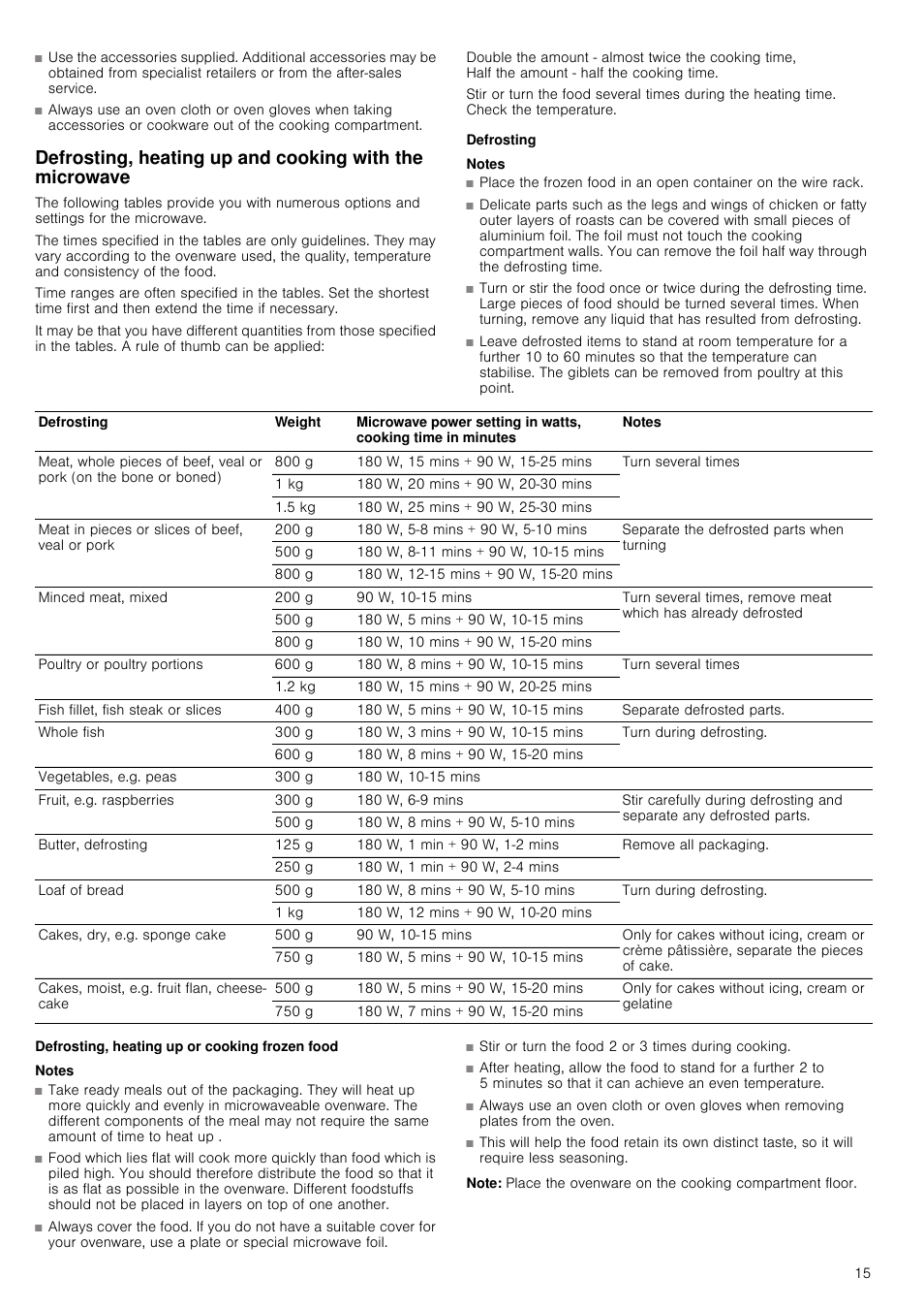 Defrosting, Notes, Defrosting, heating up or cooking frozen food | Note | Neff C57W40N3GB User Manual | Page 15 / 20