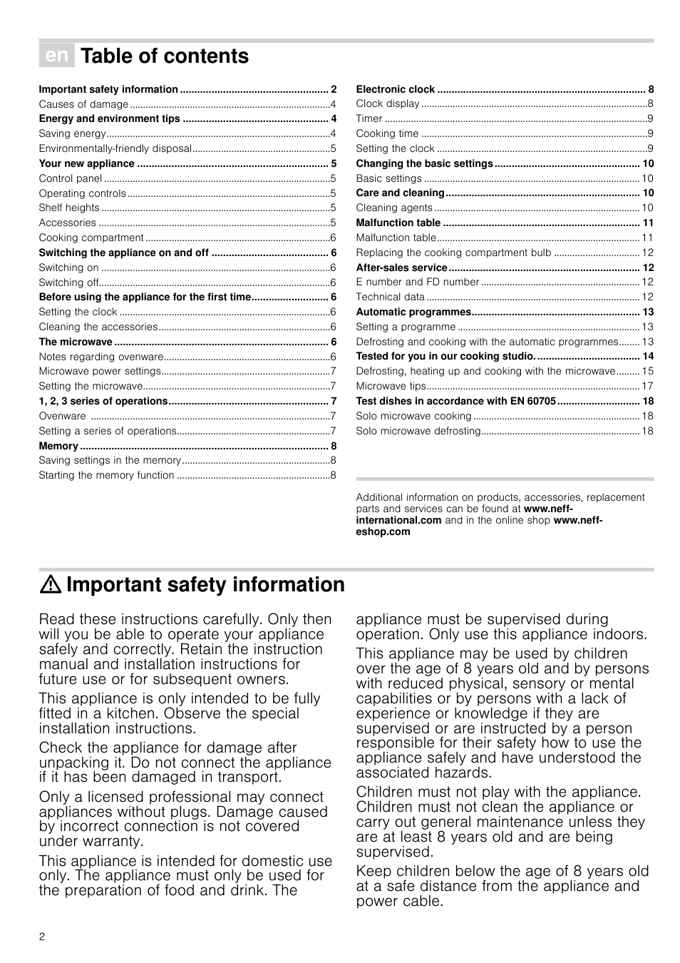 Ú table of contents[en] instruction manual, Energy and environment tips 4, Your new appliance 5 | Switching the appliance on and off 6, Before using the appliance for the first time 6, The microwave 6, 1, 2, 3 series of operations 7, Memory 8, Electronic clock 8, Changing the basic settings 10 | Neff C57W40N3GB User Manual | Page 2 / 20