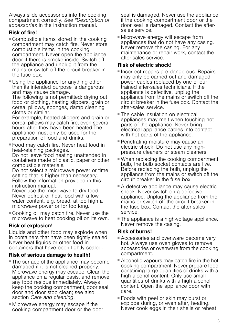 Risk of fire, Risk of explosion, Risk of serious damage to health | Risk of electric shock, Risk of burns | Neff C57W40N3GB User Manual | Page 3 / 20