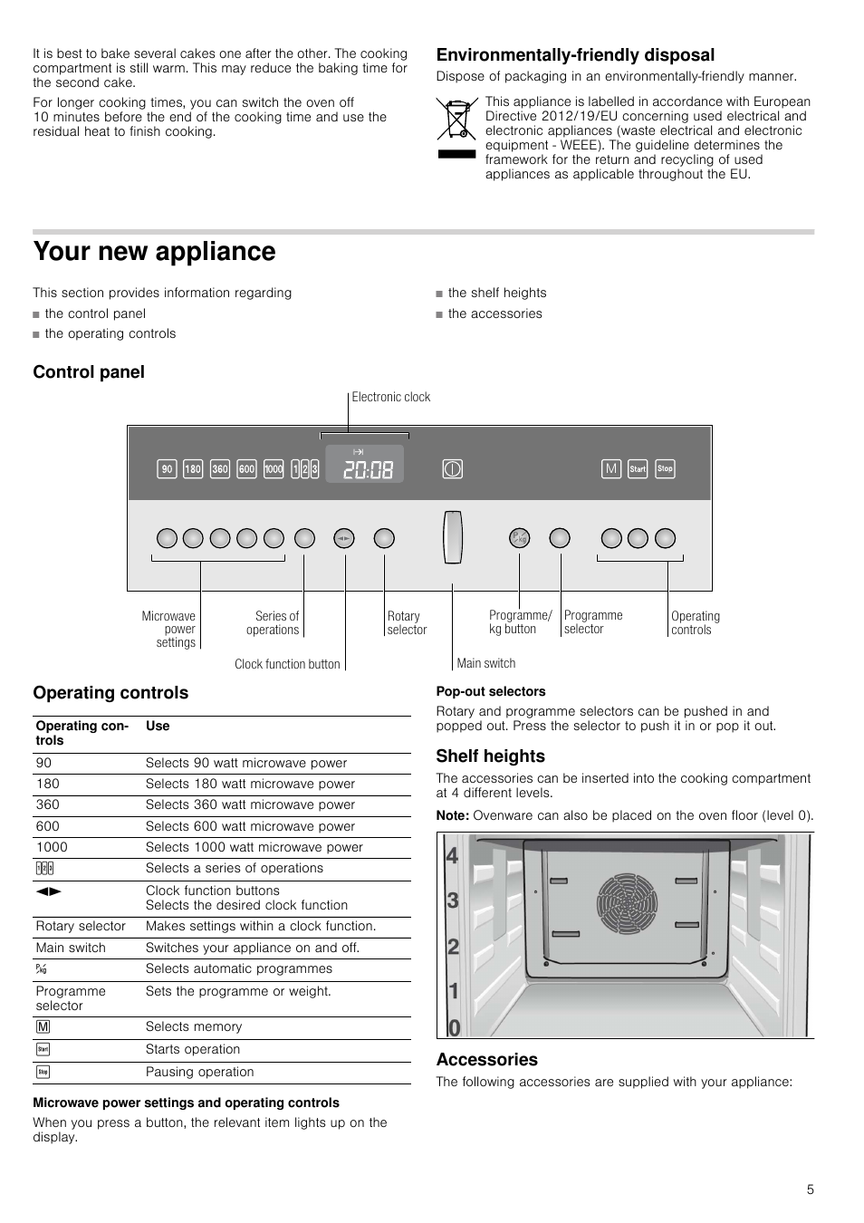 Environmentally-friendly disposal, Your new appliance, Control panel | Operating controls, Microwave power settings and operating controls, Pop-out selectors, Shelf heights, Note, Accessories, Control panel operating controls | Neff C57W40N3GB User Manual | Page 5 / 20