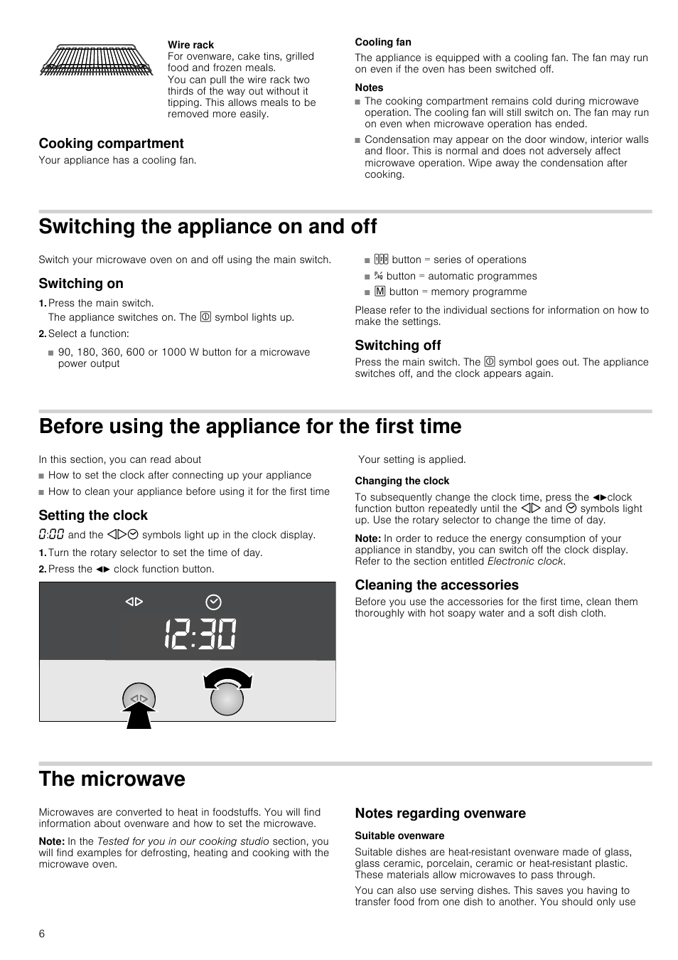 Cooking compartment, Cooling fan, Notes | Switching the appliance on and off, Switching on, Press the main switch, Select a function, Switching off, Before using the appliance for the first time, Setting the clock | Neff C57W40N3GB User Manual | Page 6 / 20