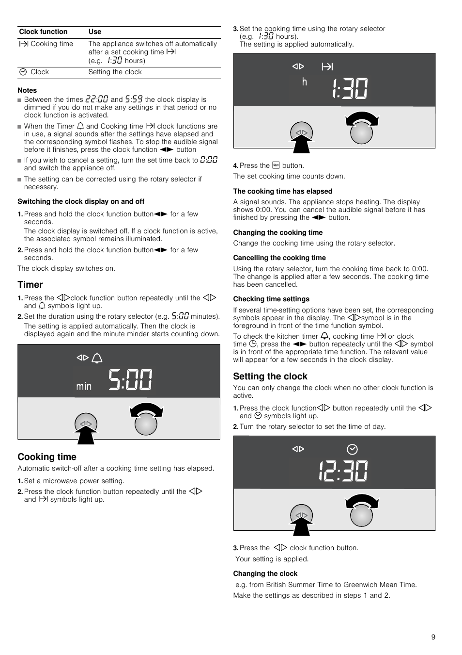 Notes, Switching the clock display on and off, Timer | Cooking time, Set a microwave power setting, Press the ƒ button, The cooking time has elapsed, Changing the cooking time, Cancelling the cooking time, Checking time settings | Neff C57W40N3GB User Manual | Page 9 / 20