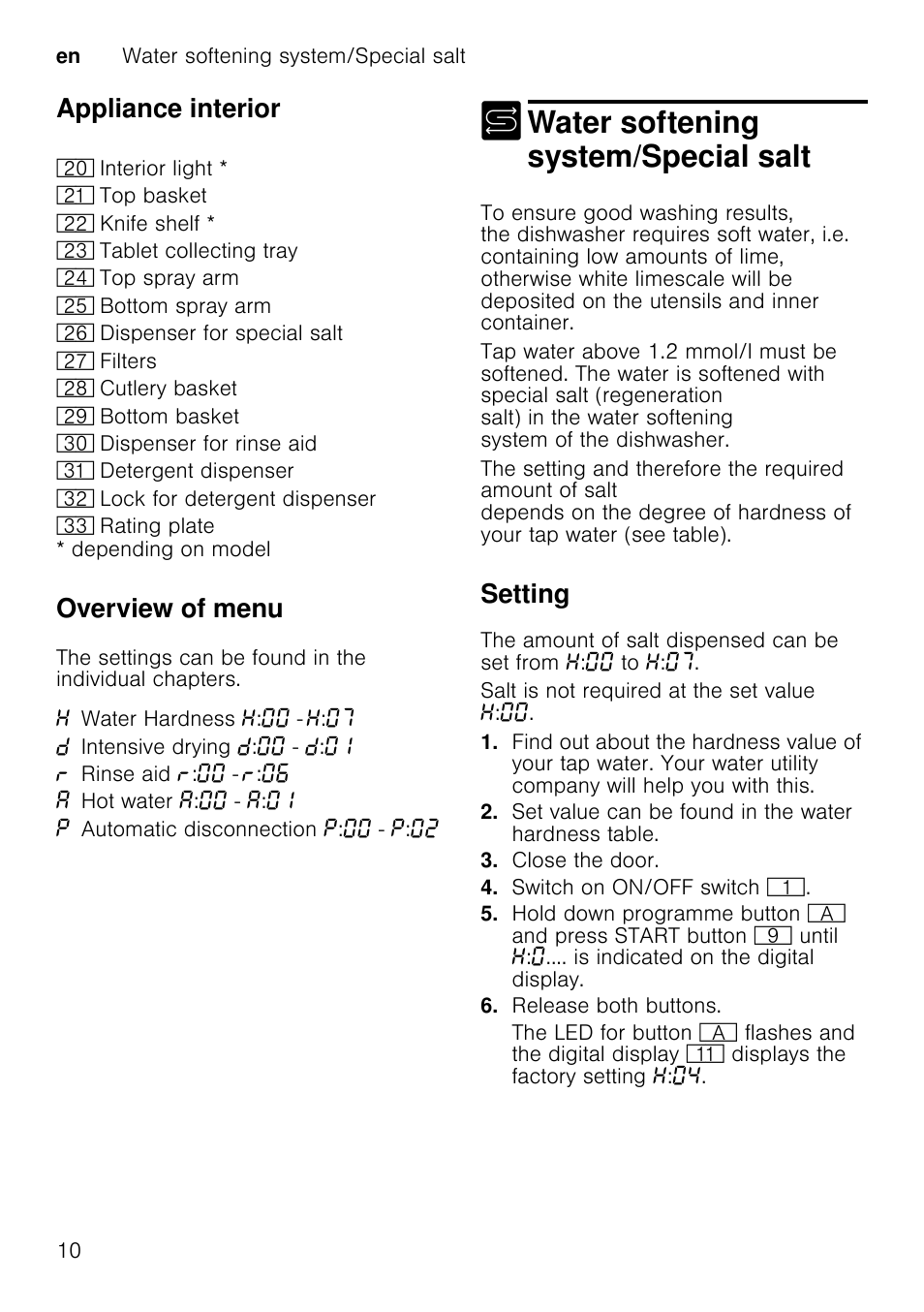 M caution, Rinse aid, Close cover until it clicks shut | Setting amount of rinse aid, Water softening system/special salt, Appliance interior, Overview of menu, Setting, En water softening system/special salt 10, Depending on model | Neff S41M63N1GB User Manual | Page 10 / 42