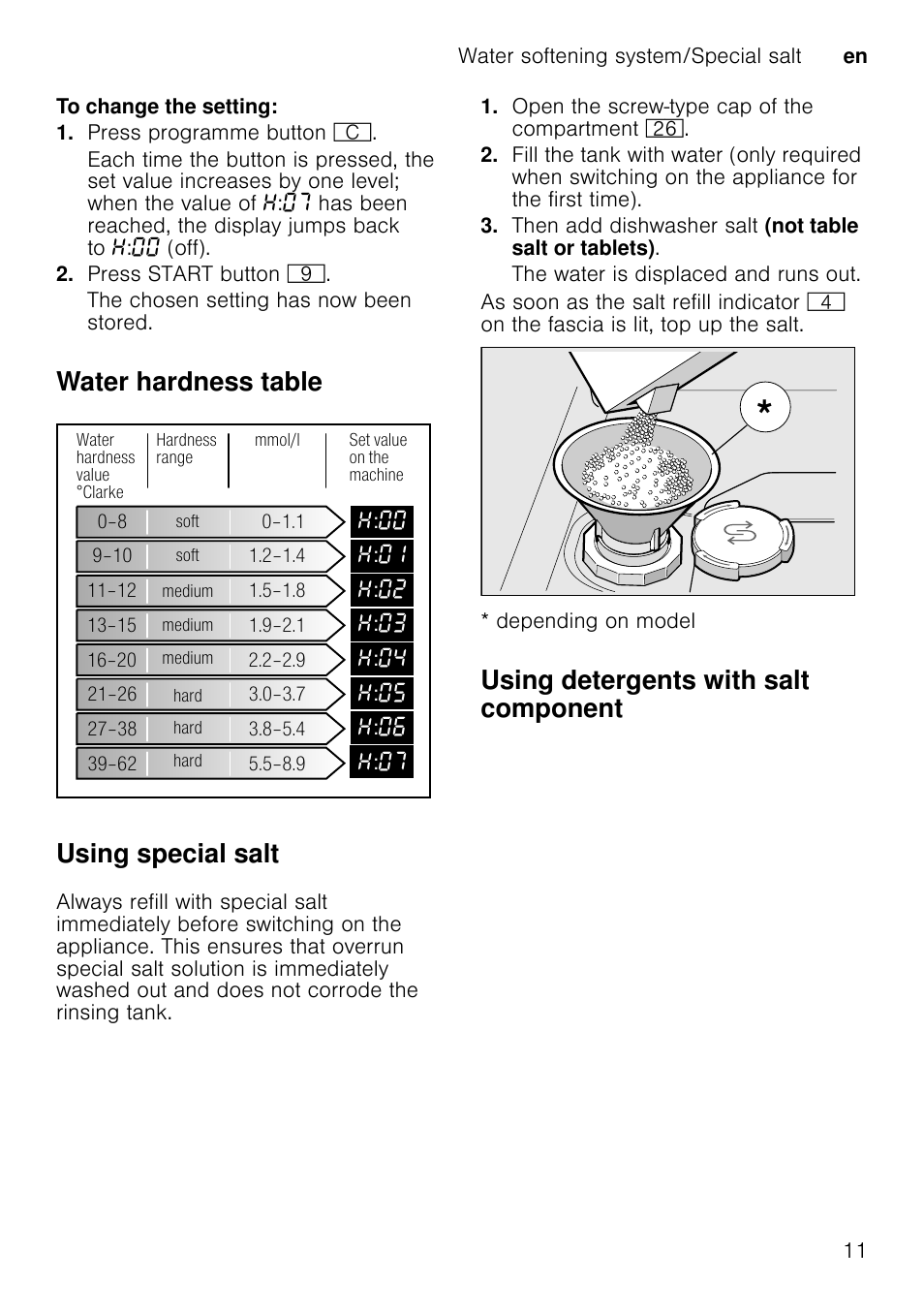 Close the door, Switch on on/off switch, Release both buttons | To change the setting, Press programme button 3, Press start button h, Switching off rinse aid refill indicator, Utensils, Not suitable, Glass and utensil damage | Neff S41M63N1GB User Manual | Page 11 / 42