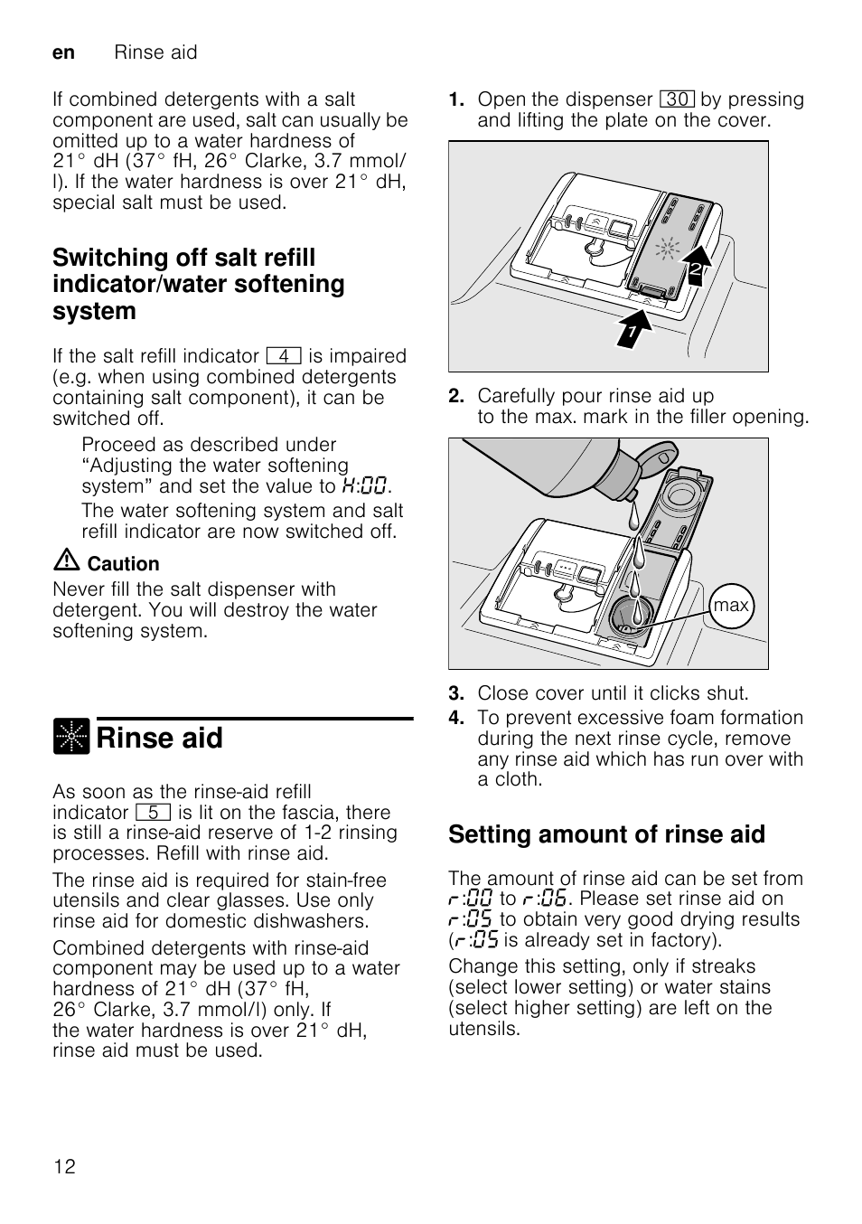 Loading the dishwasher, Place the utensils so that, Unloading the dishwasher | Note, Cups and glasses, Top basket 1, Rinse aid, Setting amount of rinse aid | Neff S41M63N1GB User Manual | Page 12 / 42