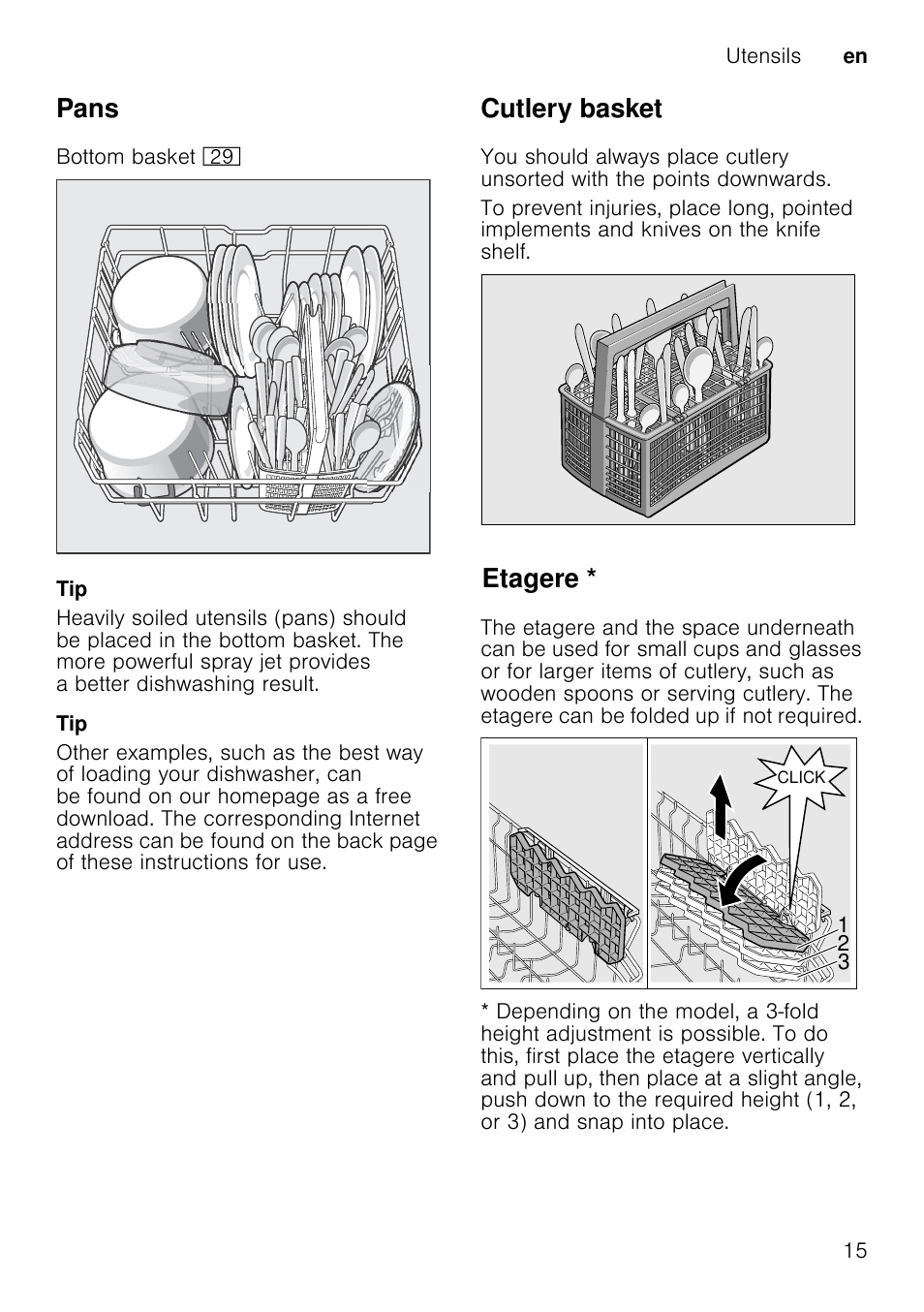 Top basket with side levers, Pull out the top basket 1* out, Top basket with upper and lower roller pairs | Detergent, Note, M warning, Pans, Cutlery basket, Etagere | Neff S41M63N1GB User Manual | Page 15 / 42