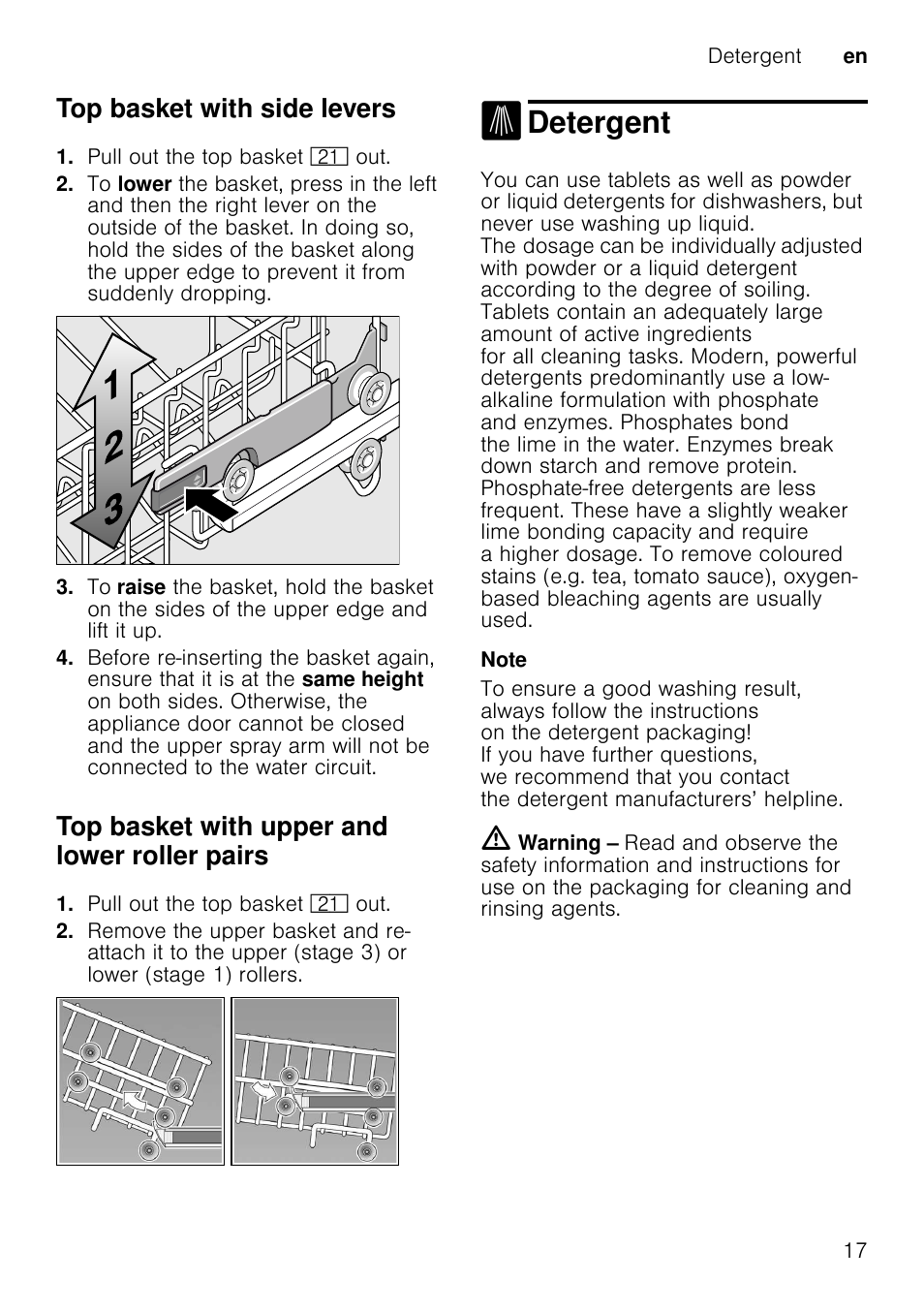 Notes, Detergent, Top basket with side levers | Top basket with upper and lower roller pairs, Detergent en 17 | Neff S41M63N1GB User Manual | Page 17 / 42