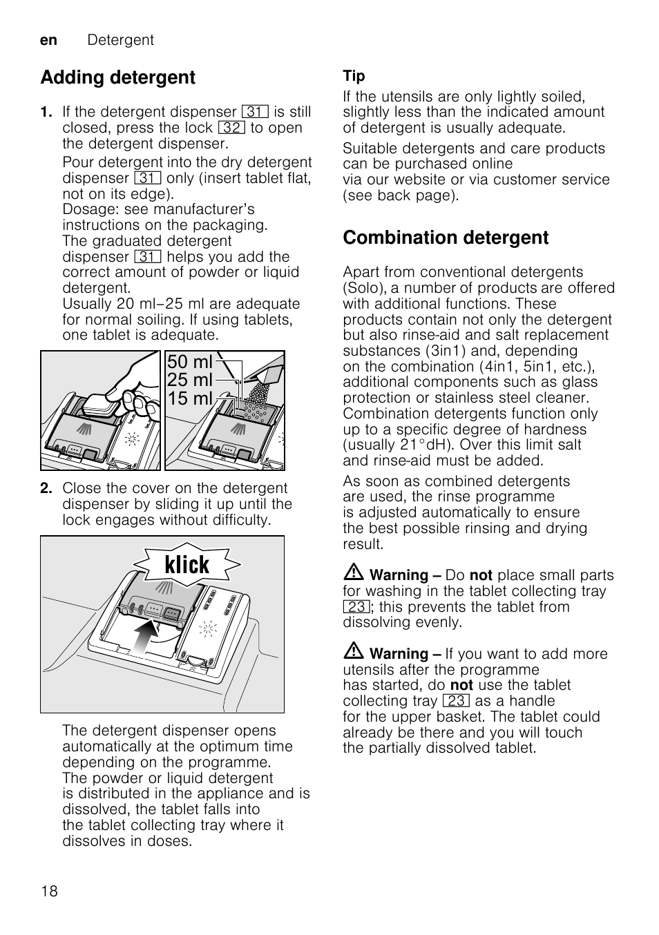 Overview of programmes, Type of utensils, Type of soiling | Programme, Possible additional options, Programme sequence, Adding detergent, Combination detergent, Po po po | Neff S41M63N1GB User Manual | Page 18 / 42