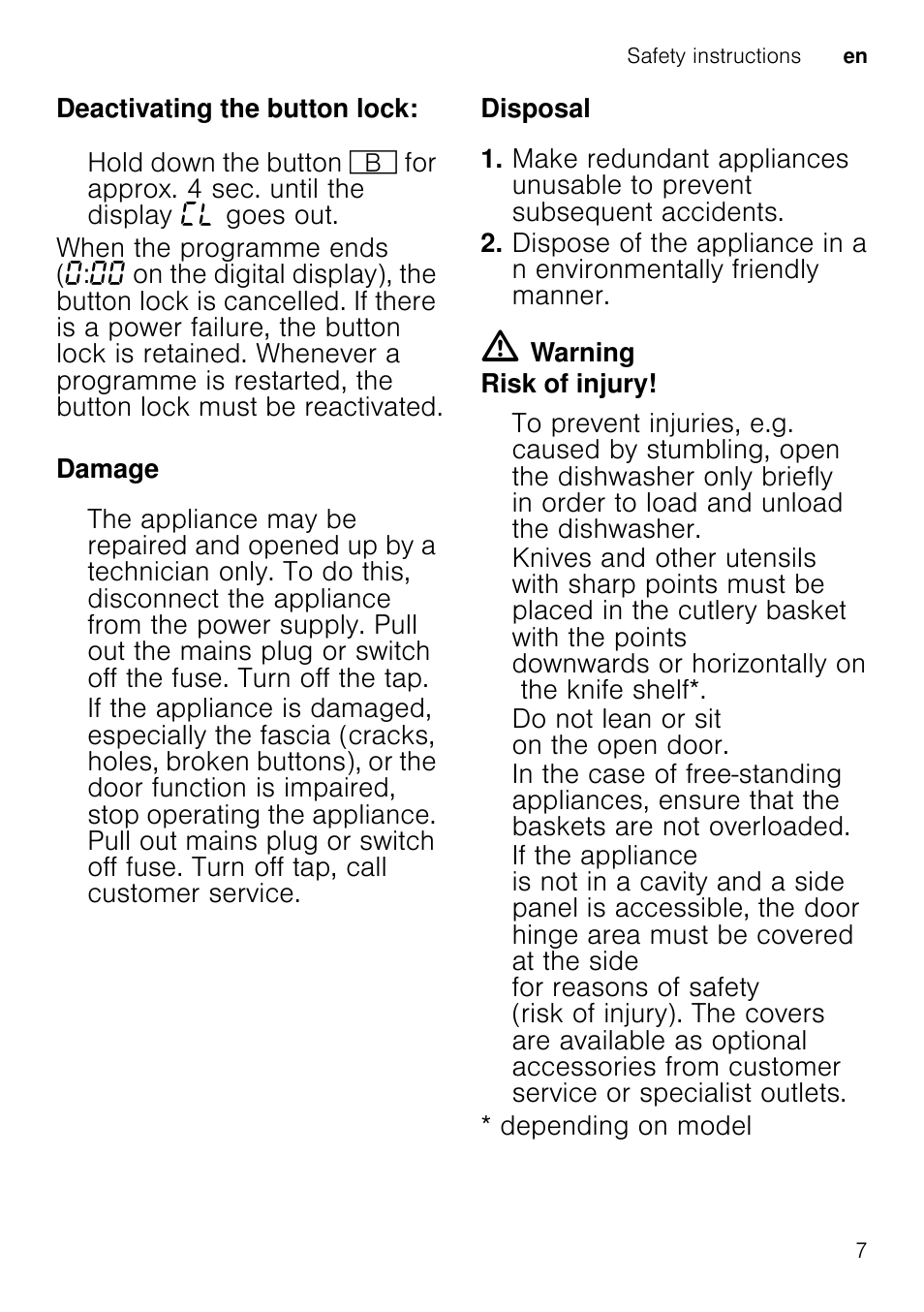 7 protection of the environment, Protection of the environment, Packaging | Old appliances, Getting to know your appliance, Individual positions are referred to in the text, Control panel, On/off switch, Programme buttons, Display “check water supply | Neff S41M63N1GB User Manual | Page 7 / 42