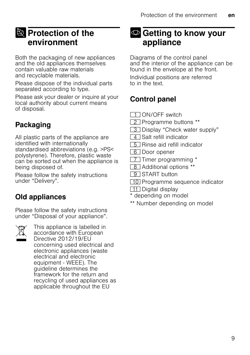To change the setting, Press programme button 3, Press start button h | Water hardness table, Using special salt, Open the screw-type cap of the compartment 1r, Depending on model, Protection of the environment, Getting to know your appliance, Packaging | Neff S41M63N1GB User Manual | Page 9 / 42