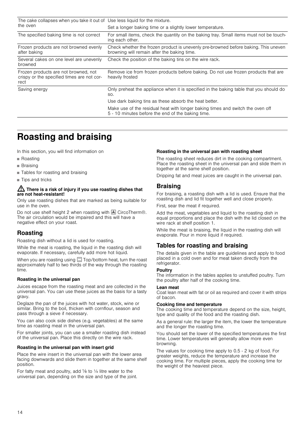 Roasting and braising, Roasting, Roasting in the universal pan | Roasting in the universal pan with insert grid, Roasting in the universal pan with roasting sheet, Braising, Tables for roasting and braising | Neff B45M52N3GB User Manual | Page 14 / 28