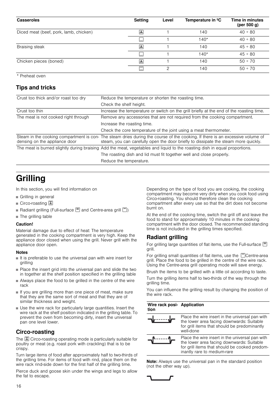 Tips and tricks, Grilling, Caution | Material damage due to effect of heat, Notes, Circo-roasting, Radiant grilling, Note, Circo-roasting radiant grilling | Neff B45M52N3GB User Manual | Page 16 / 28