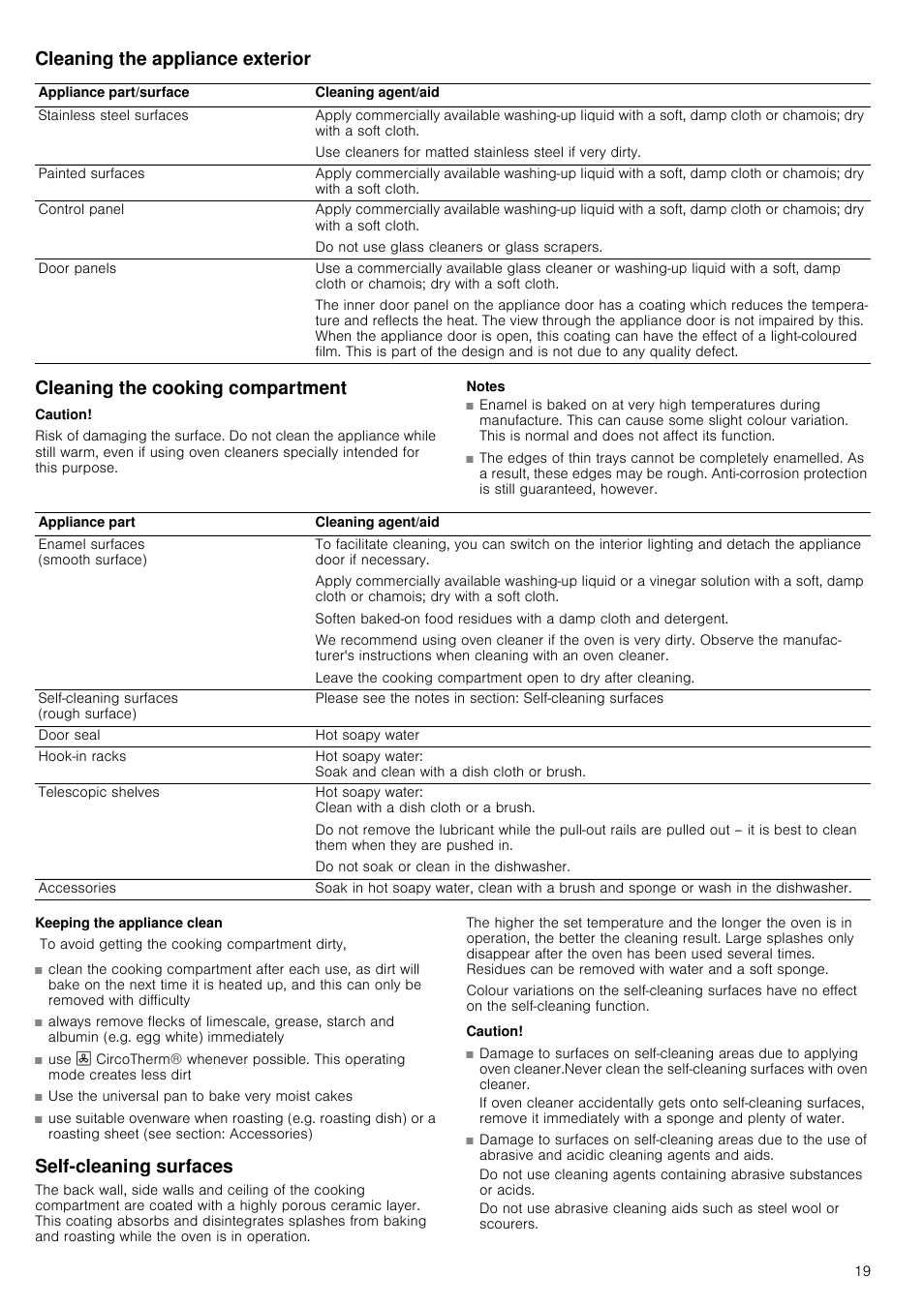 Cleaning the appliance exterior, Cleaning the cooking compartment, Caution | Notes, Keeping the appliance clean, Self-cleaning surfaces | Neff B45M52N3GB User Manual | Page 19 / 28